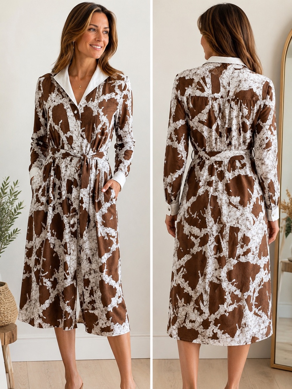 CASI Vintage 100% Cotton Brown White Batik Shirt Dress Size 6